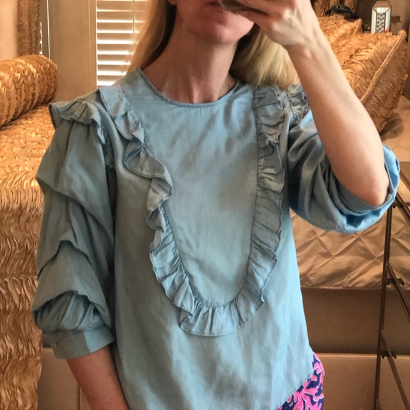 H&M Premium Denim Chambray Ruffle Top Small - Picture 2 of 8